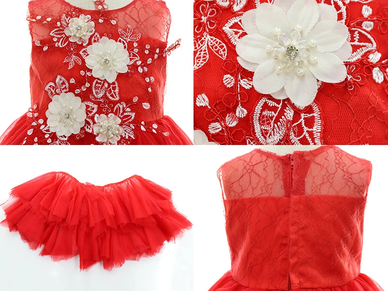 2-10t Red Flower Girls Dress Little Kids Lace Party Wedding Princess Tutu Dresses for Children