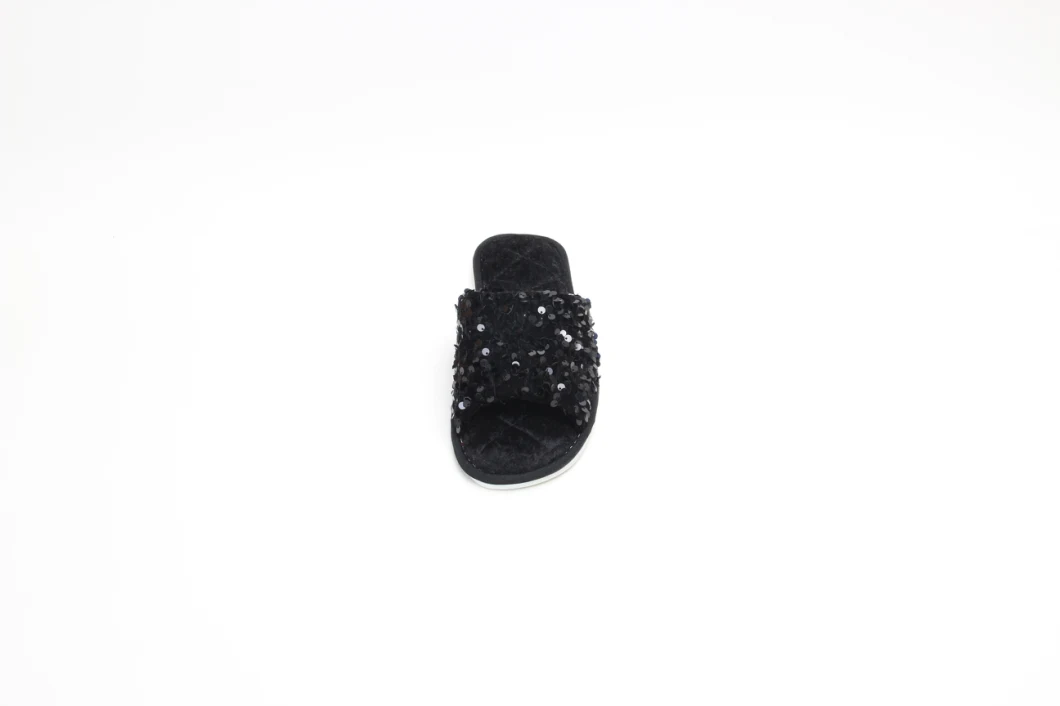 Open Toe Glitter Sequins Plush Furry Flat Mule Indoor Cozy Fuzzy Slippers Slip One Black 22as031-03