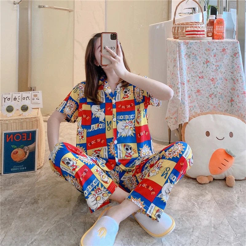 Wholesale Custom Spring Summer Short Sleeve Leisure Cute Teen Girls Sleepwear Cardigan Women Pajamas Set