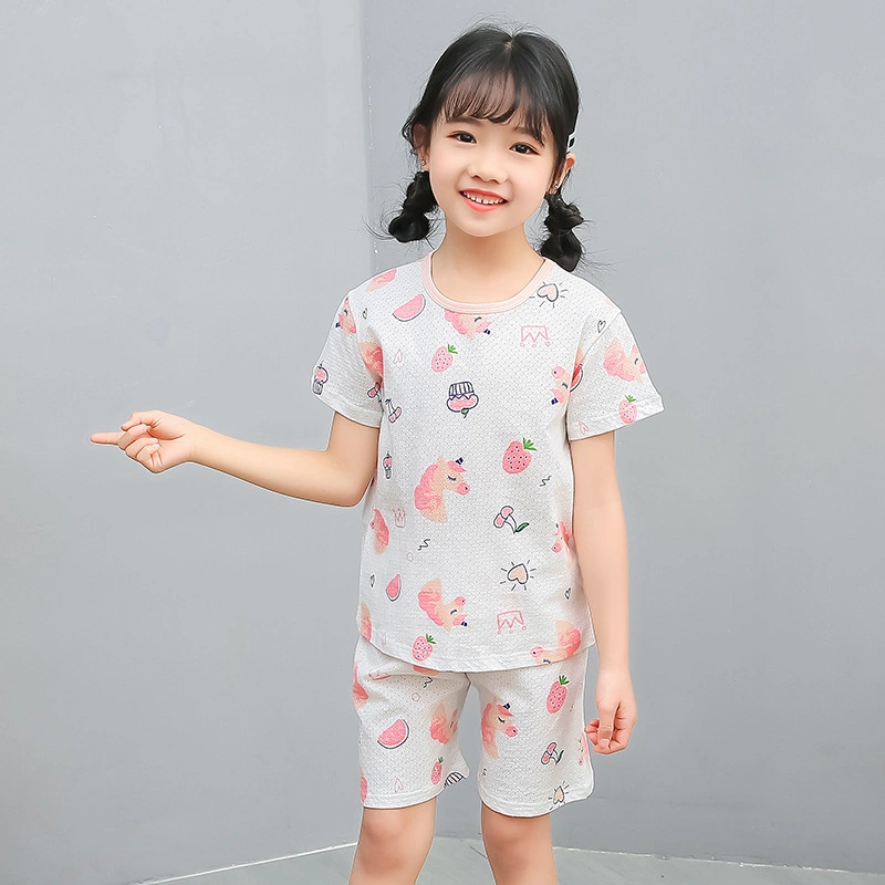 New Style Summer Girl Boy Nightwear Cartoon Printing Pajamas Shirt and Shorts 2PCS Fashionable Sweet Cotton Children Homewear Wholesale Kids Sleepwear