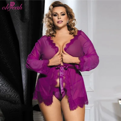 Plus Size Hot Sexy Purple Lace Sheer Damen Babydoll-Nachtwäsche