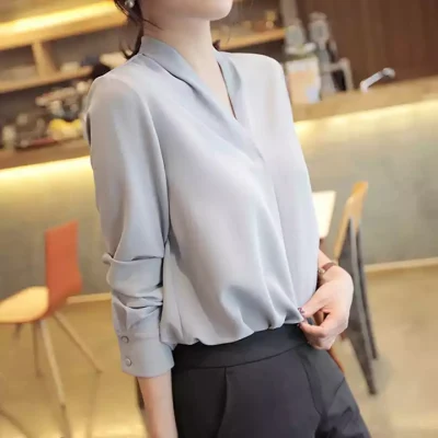 Neu Kommende Heißer Verkauf für Frauen Frühling Elegante Chiffon V-ausschnitt Spitze Langarm Büro Dame Casual Bluse Shirt