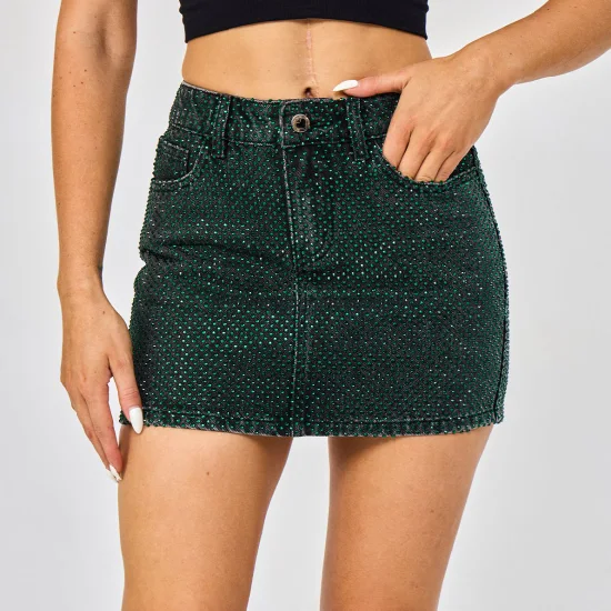 Benutzerdefinierte sexy grüne und schwarze Quasten-Strass-Five-Pocket-Damen-Kurzröcke