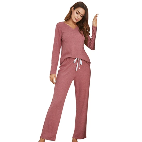 Herbst-Winter-Langarm-Loungewear-Zweiteiler-Pyjama-Set mit V-Ausschnitt und Damen-Nachtwäsche