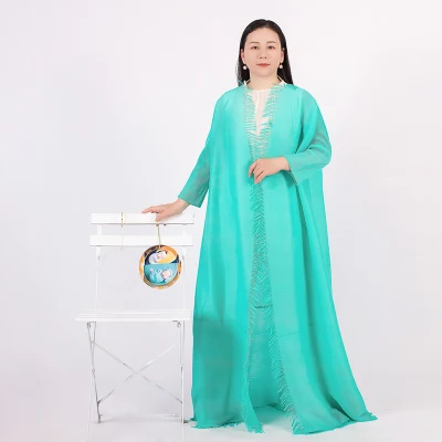 Afrikanische muslimische Damen Langarm-Robe, Revers, Knie, Volants, Gürtel, lässiges modisches Kleid