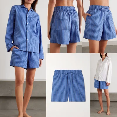 Hersteller China Apparel Gute Qualität Damen Damen-Nachtwäsche Seidenpyjama-Sets Gestreifte Bio-Baumwoll-Popeline-Shorts-Nachtwäsche