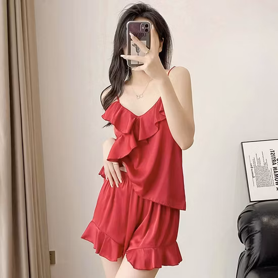 2022 Custom Großhandel Langarm Shorts Pyjamas Set Einfarbig Sexy Seide Nachtwäsche Set für Frauen