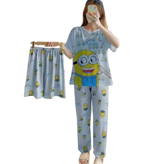 Dreiteiliges Set mit Cartoon-Motiv, niedlicher Rundhals-Oberbekleidung, Heim-Pyjama, Freizeitkleidung, Nachthemd